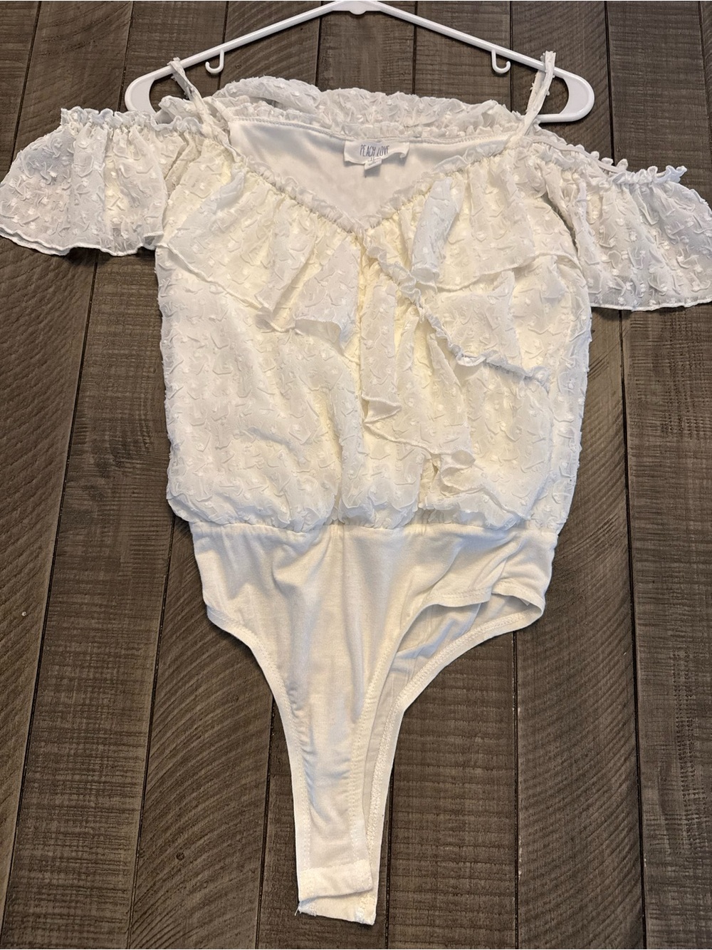 Peach Love California White Off-Shoulder Ruffle Bodysuit